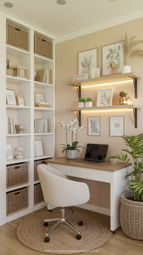 modern work from home office with floating shelves with LED Lights