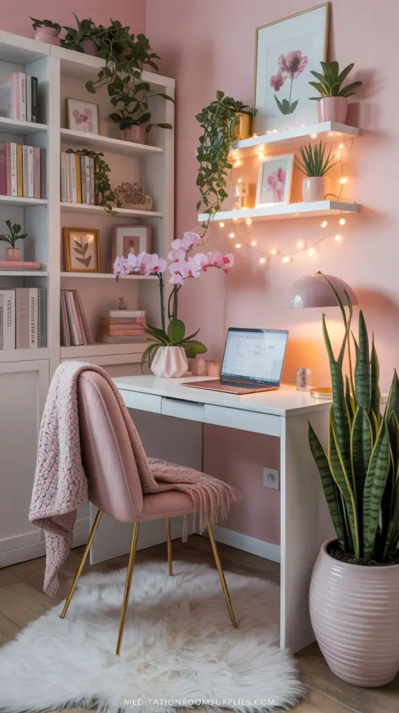 pink feminine home office with white desk and book shelves