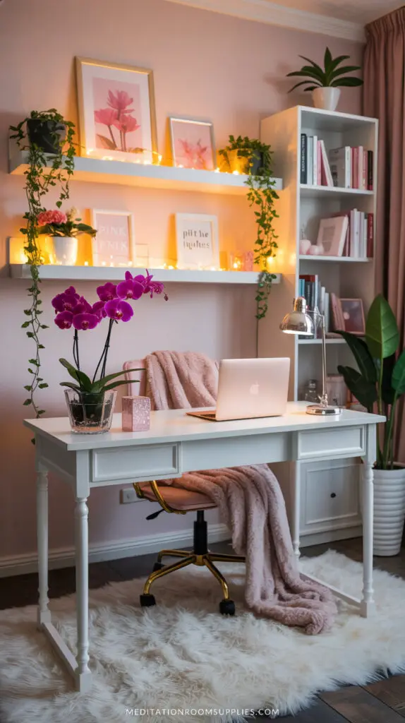 feminine work from home office set up with pink walls and white desk