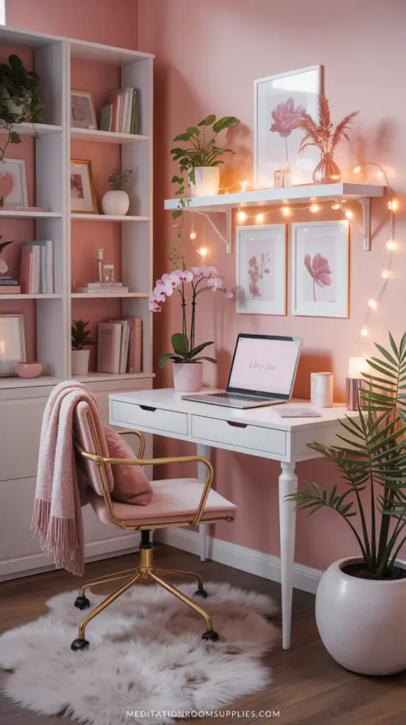 chic work from home office with pin wall and white computer desk