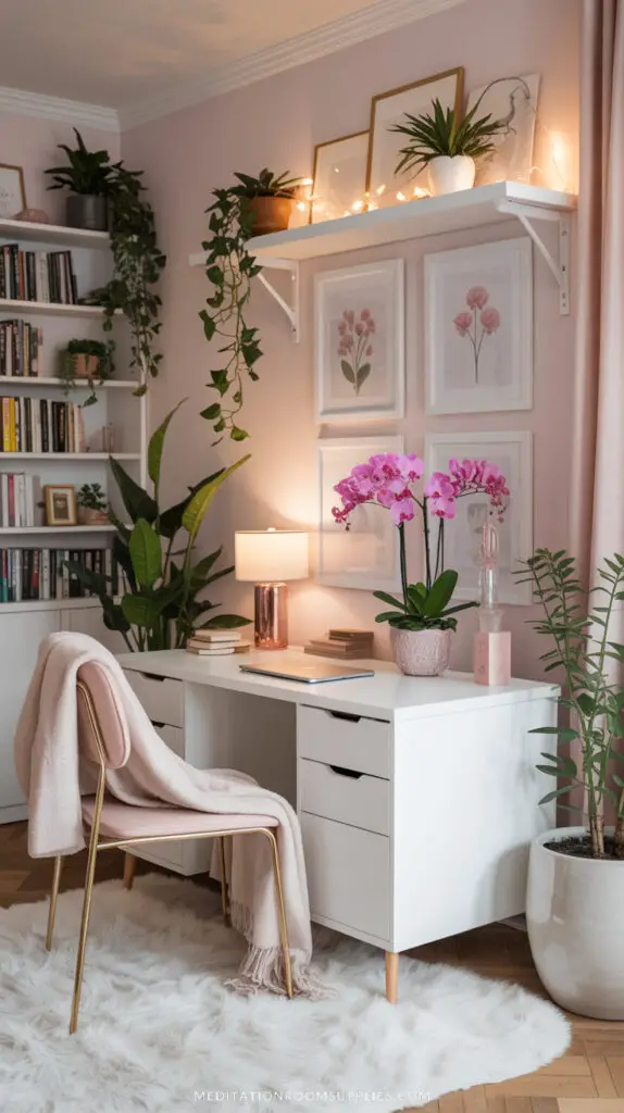 small home office with white desk and pink chair