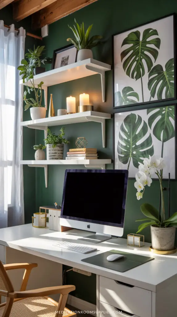 work from home setup with green walls and monstera prints