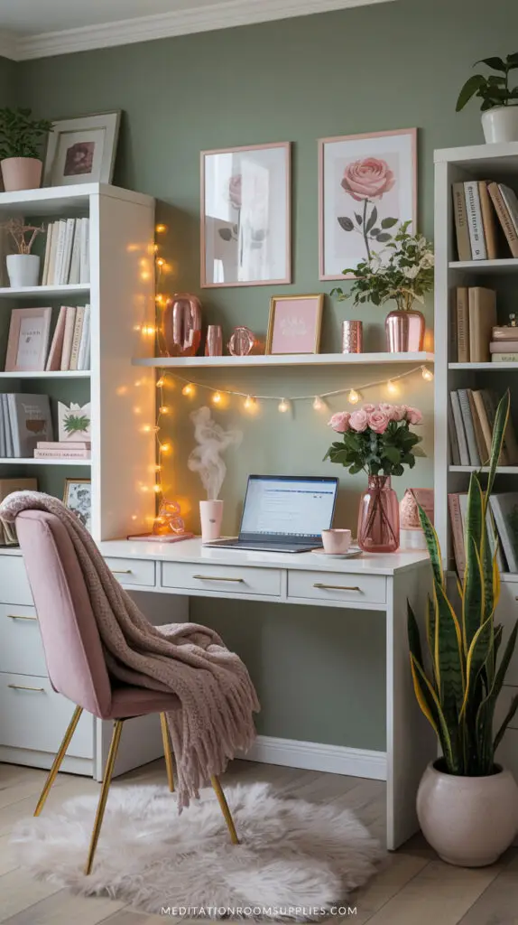 cozy home office with green wall, white book shelves