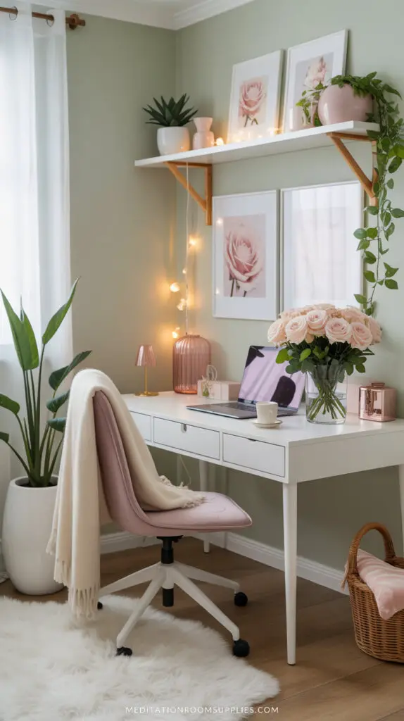 relaxing work from home small office with green walls and white computer desk