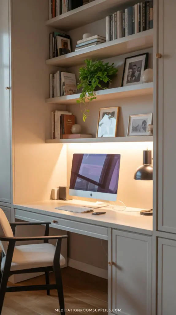work from home set up with built in cabinets and shelves for storage