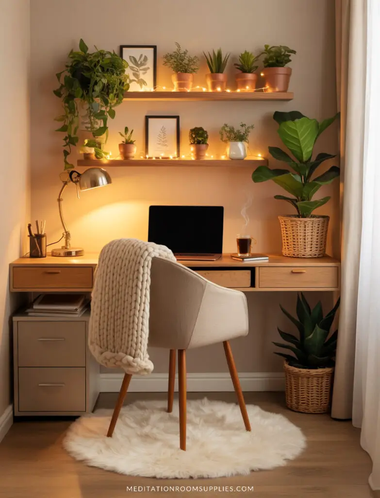 cozy home office with floating shelves with plants and fairy lights