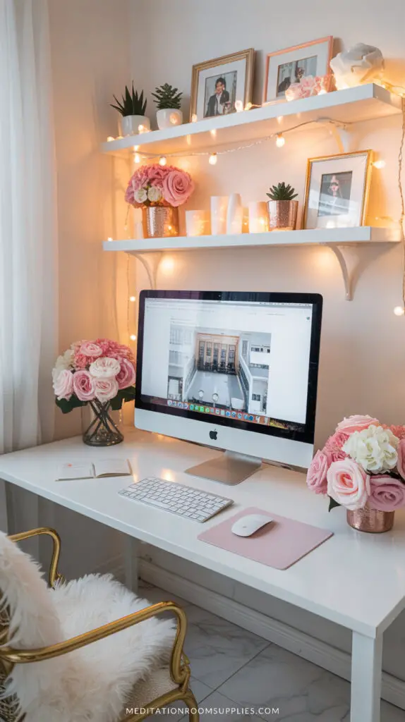 cozy home office with white floating shelves and white computer desk