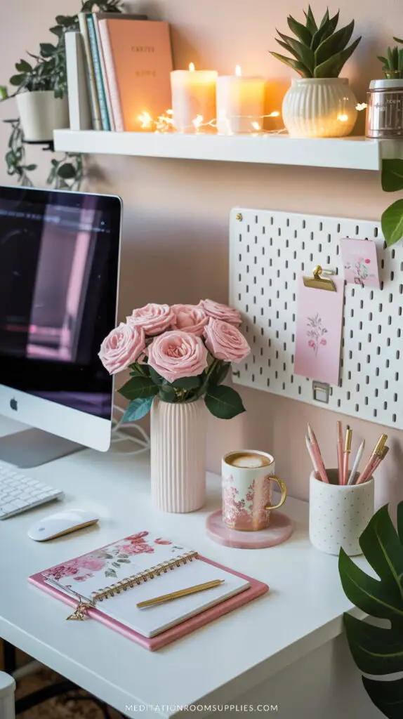 white desk styled with pink white and rose colors