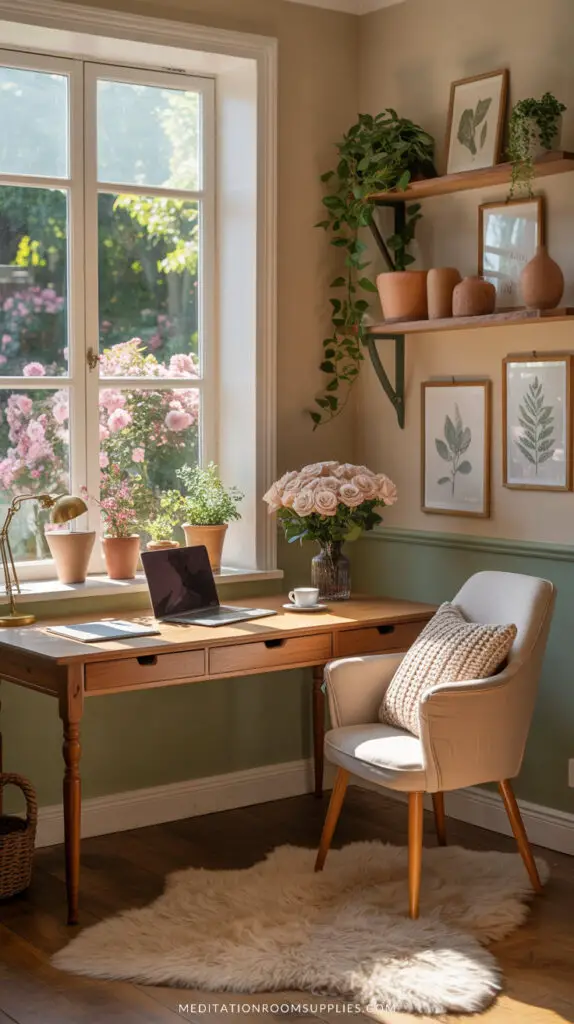 small home office with wooden computer desk