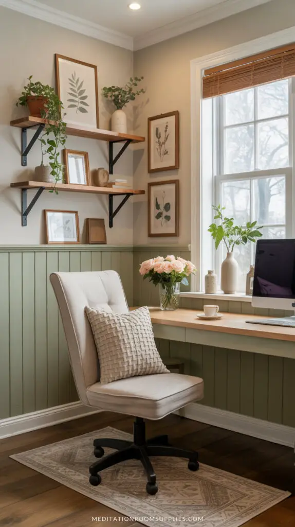 farmhouse style small home office with green and white walls