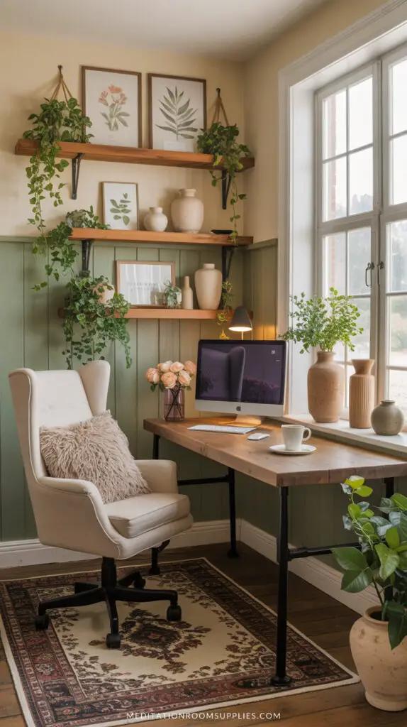 home office with large window and wooden shelves