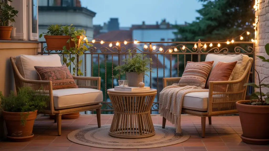 cozy balcony with bistro set and string lights