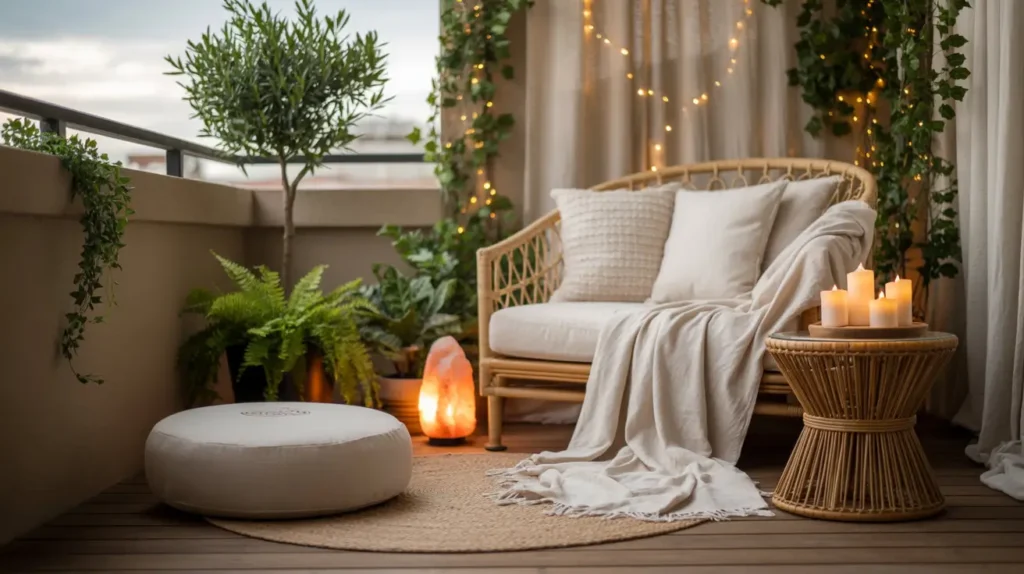 cozy balcony with rattan chair and candles