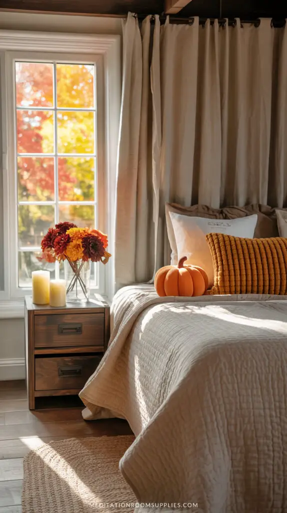 fall flower bouquet on a night table in a bedroom with fall decor