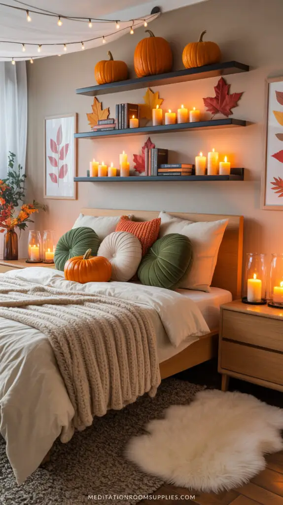 battery candles on a shelf on a bedroom with fall decor