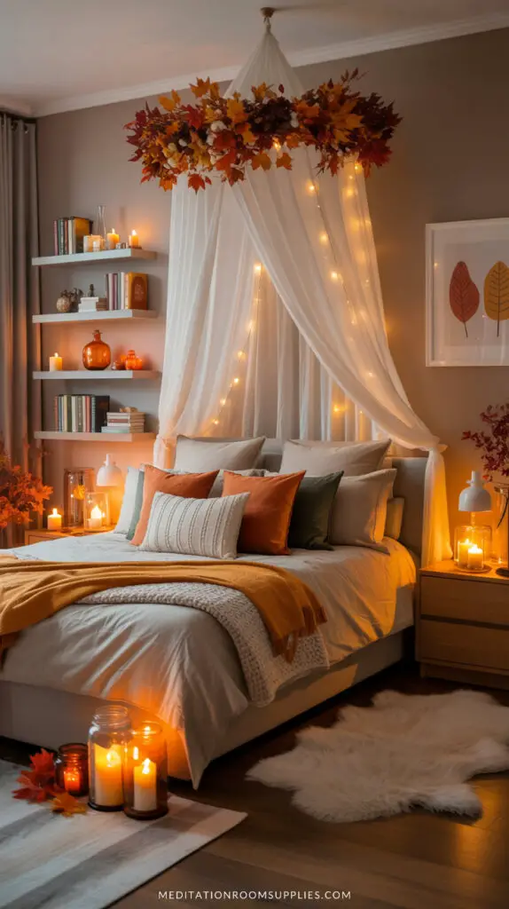 fall garland on canopy on a bedroom decorated with fall decor