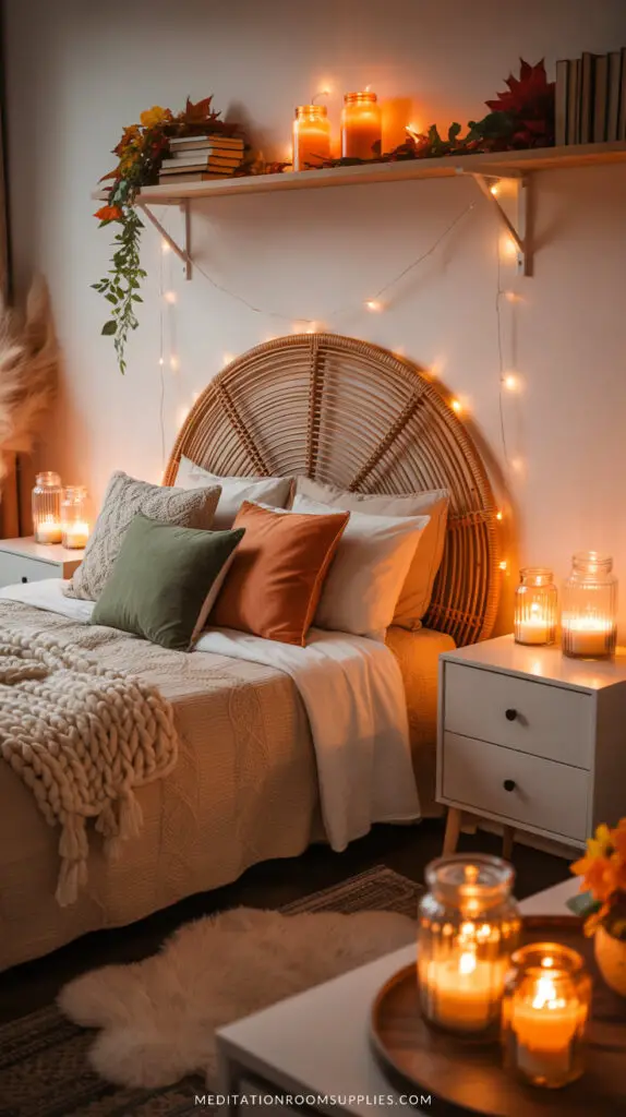 scented candles on table on a fall bedroom decor