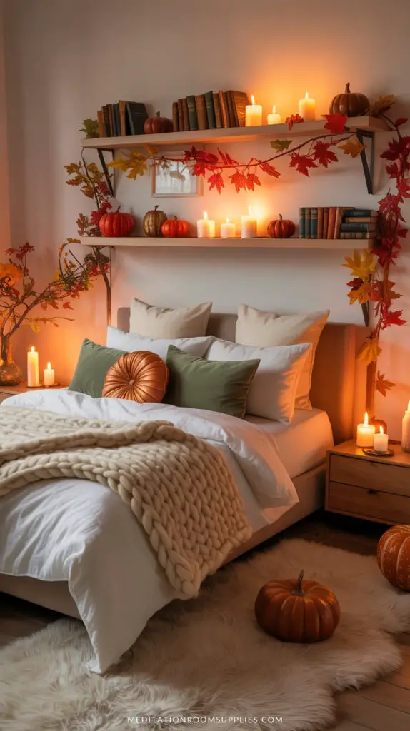 chunky blanket on bed with fall decor