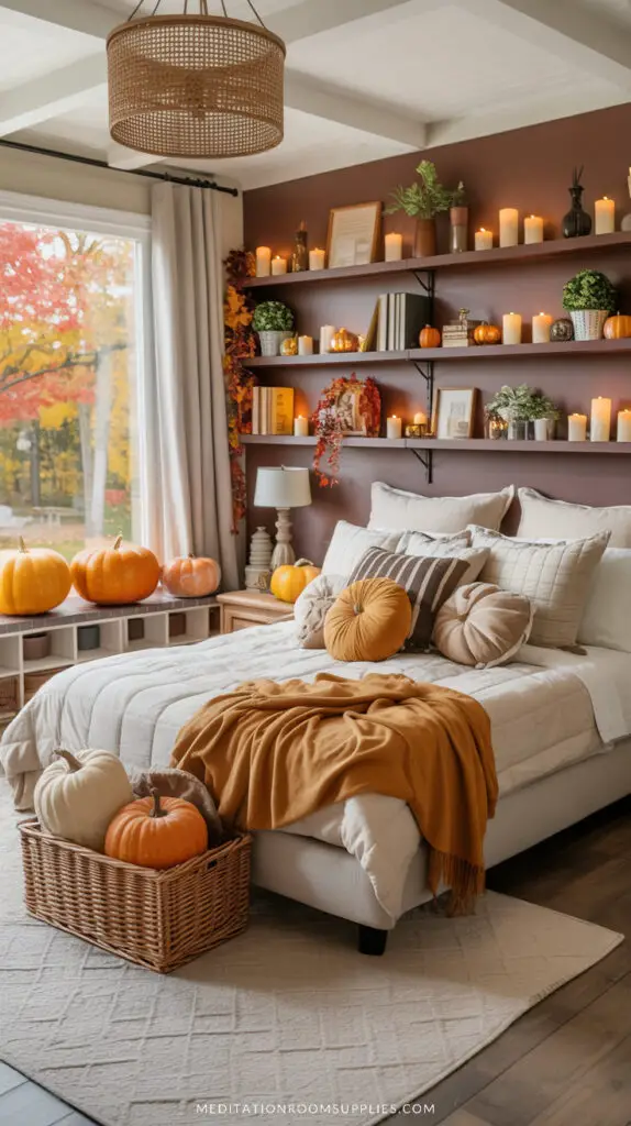 pumpkin decor in a bedroom with fall decor