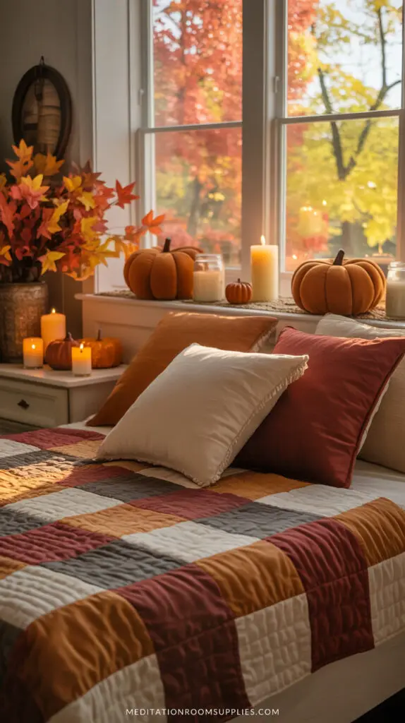 plaid fall blanket on bed with fall decor