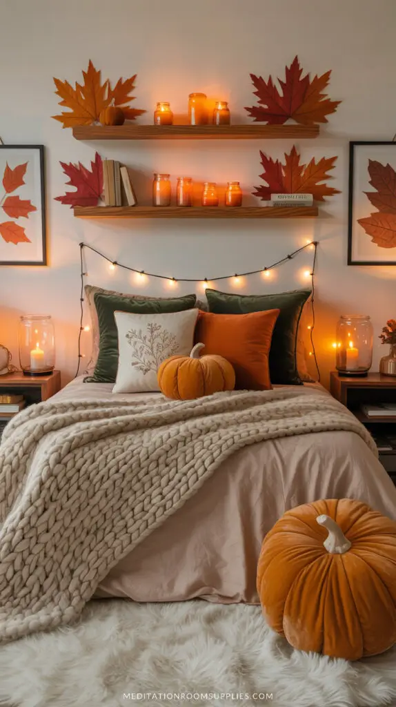 chunky blanket on bed that has a plush pumpkin and fall decor