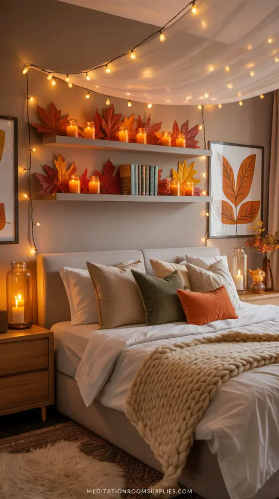 fall decor pillows on a bed with fairy lights on a canopy