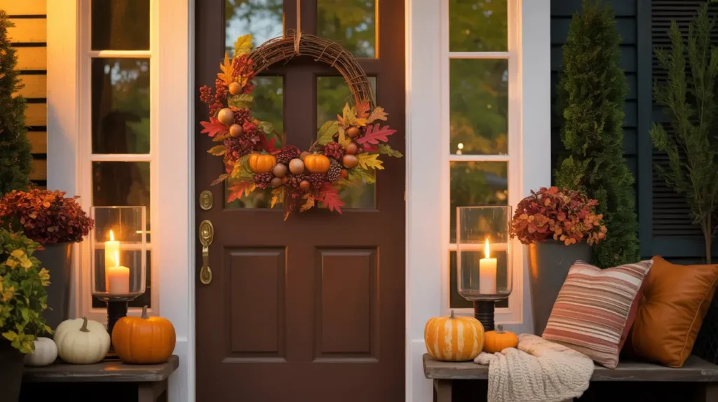 front porch with fall decor, fall wreath and candles