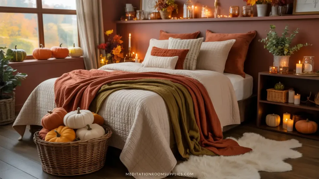 Fall bedroom decor with candles, and pumpkins