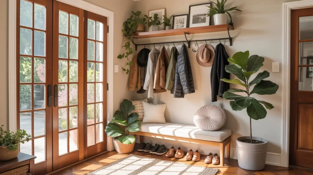 mini mudroom entryway with mudroom bench and hall tree