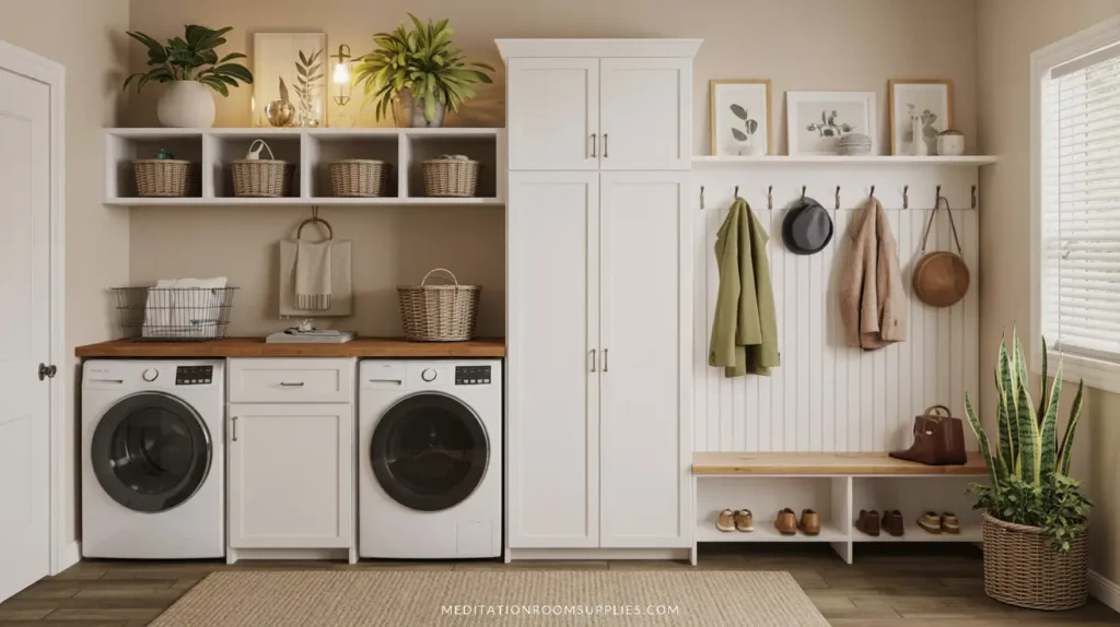 a mudroom with laundry room that has white washer and dryer