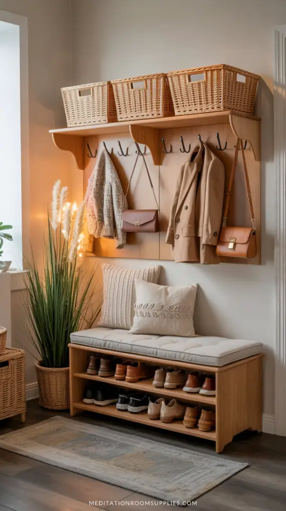 mudroom bench with shoe rack and baskets with storage on shelf