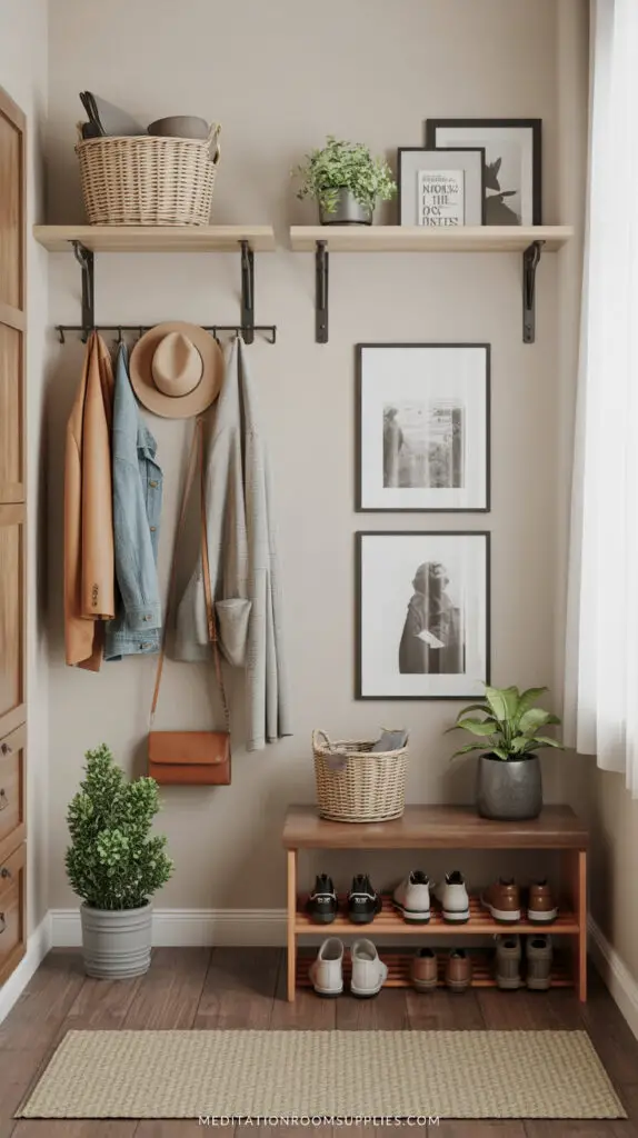 small mudroom with hall tree and shelf