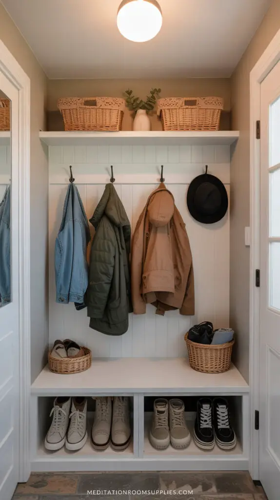 mini mudroom with storage baskets