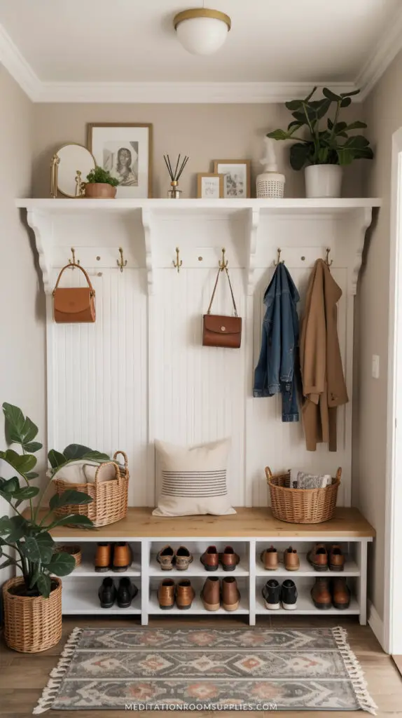 mini mudroom entry way with a shoe rack and hall tree