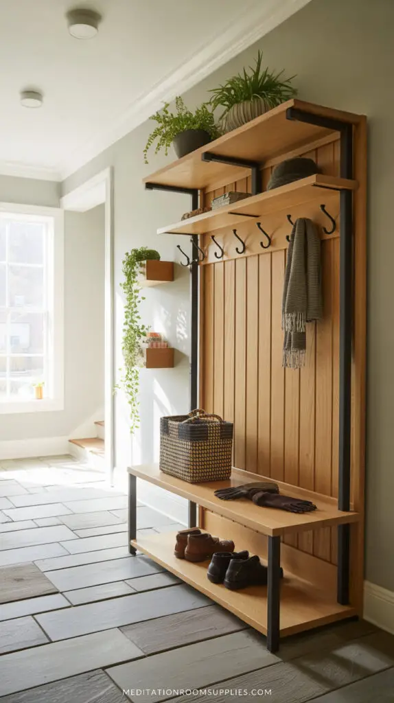 mini mudroom with hall tree and shoe rack