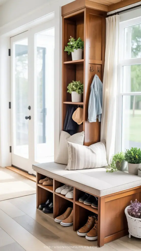 cozy small mudroom entryway with shoe rack and storage