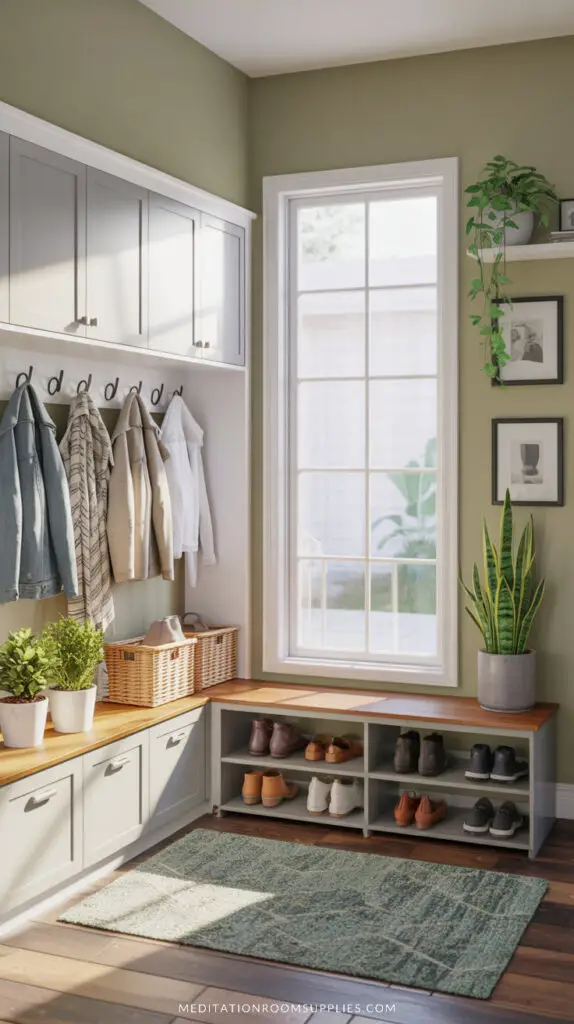 mini mudroom with hidden storage, shoe rack