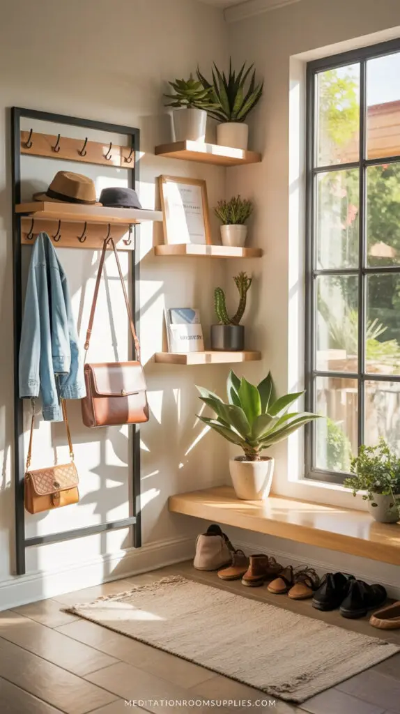 narrow mudroom with shelves with hall tree