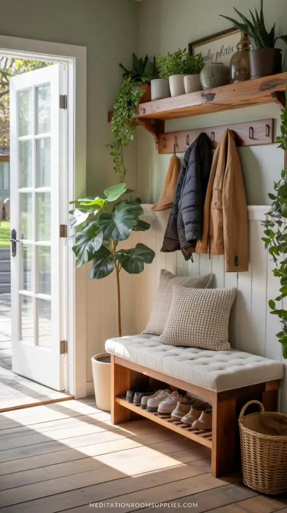 mini mudroom with bench and shoe rack, hooks with jackets
