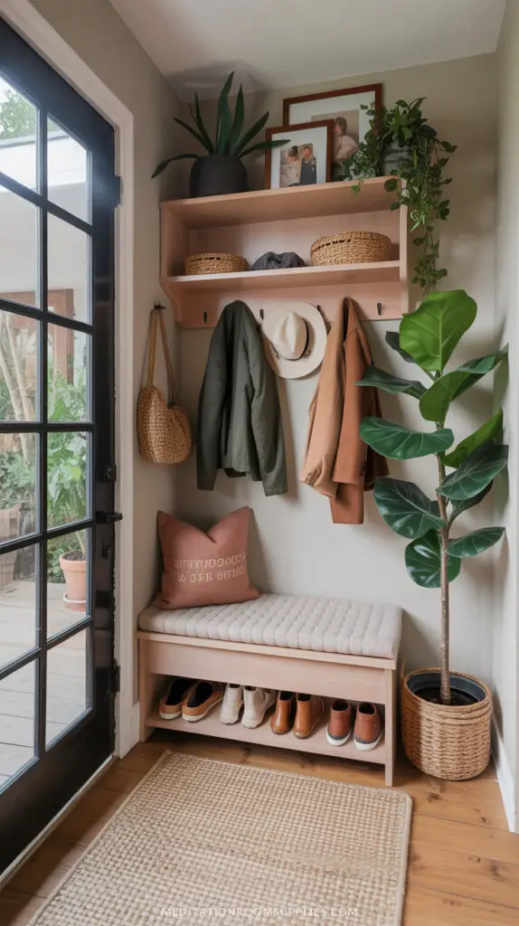 very small entryway with mini mudroom with shoe rack and shelves