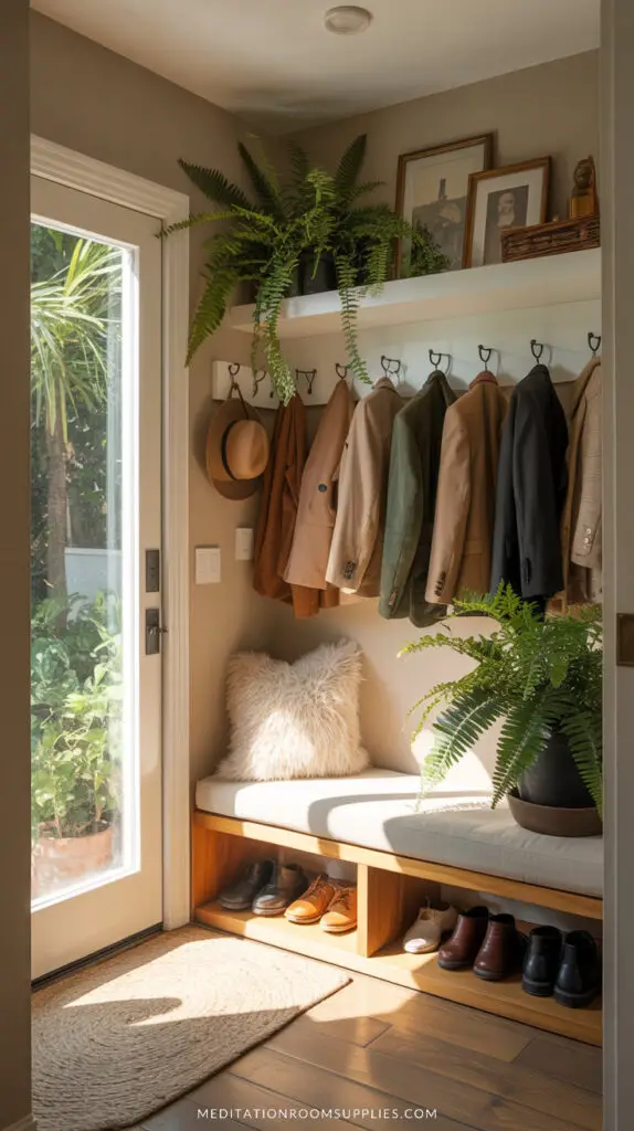 mini mudroom entryway with hall tree and plants