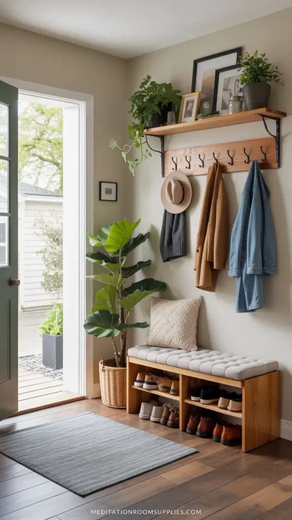 tidy entryway mudroom with shoe bench and hooks with jackets