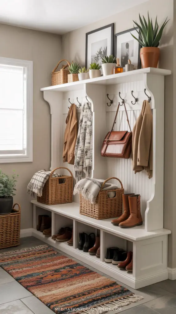 hall tree in mini mudroom in a narrow space