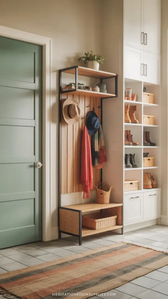 hall tree with hooks with hats and jackets