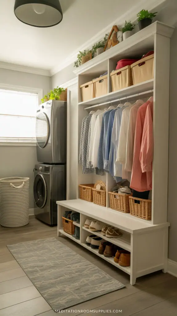 oversize laundry basket in mudroom with laundry room