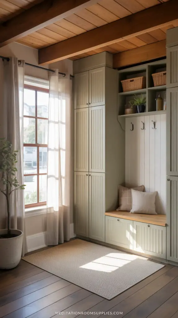 compact hall tree with cabinets in mudroom entryway