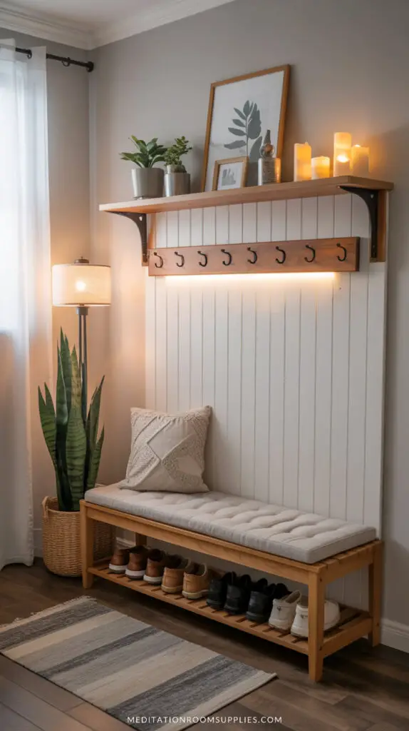 cushioned bench with shoe rack and shelf