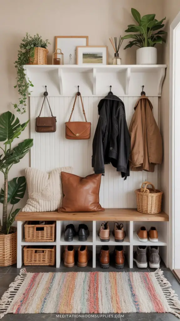 shoe rack bench in mudroom