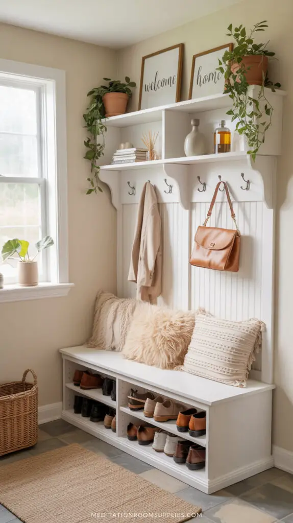 cozy pillows in hall tree in a mini mudroom entryway