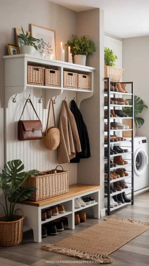 stackable storage bins in a mudroom